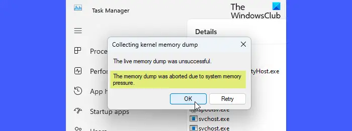 Live kernel memory dump failure