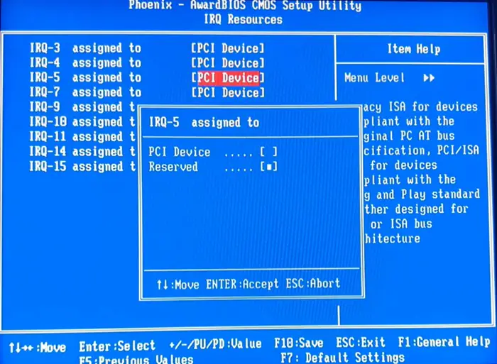 Reserving an IRQ in BIOS