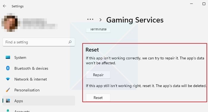 Reset Gaming Services App Windows