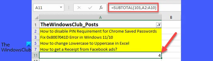 SUBTOTAL function counting colored cells in Excel