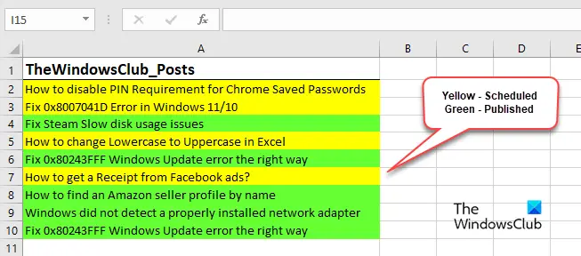 Sample data for counting colored cells in Excel