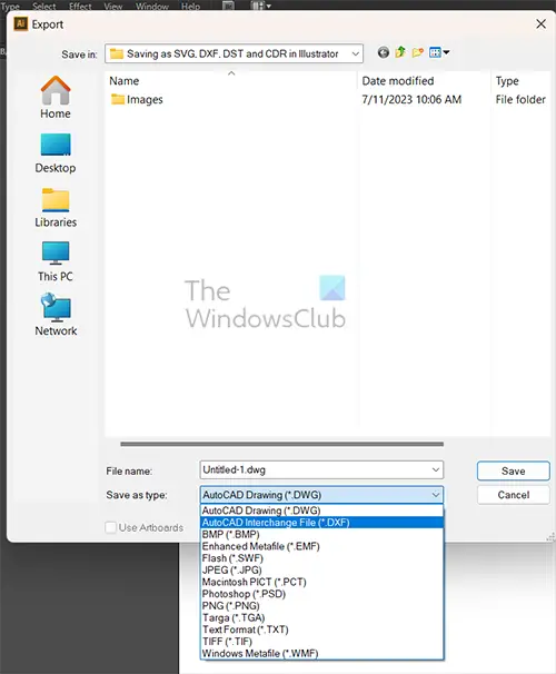 Saving as SVG, DXF, DST, and CDR in Illustrator - DXF save as type