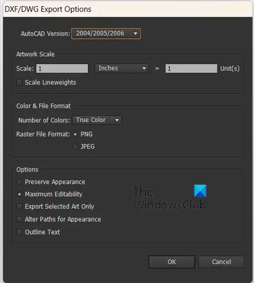 Saving as SVG, DXF, DST, and CDR in Illustrator - DXF_DWG Export options