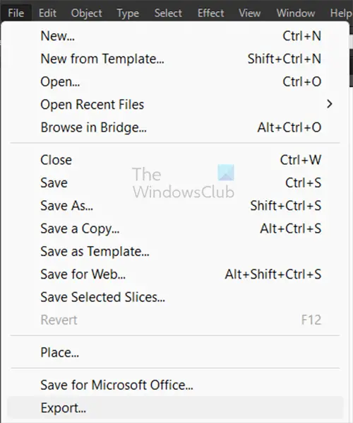 Saving as SVG, DXF, DST, and CDR in Illustrator - Export as DXF - top menu