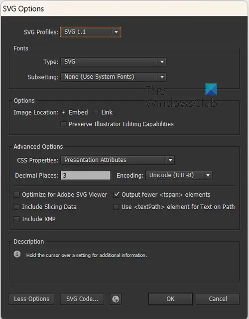 Saving as SVG, DXF, DST, and CDR in Illustrator - SVG Options