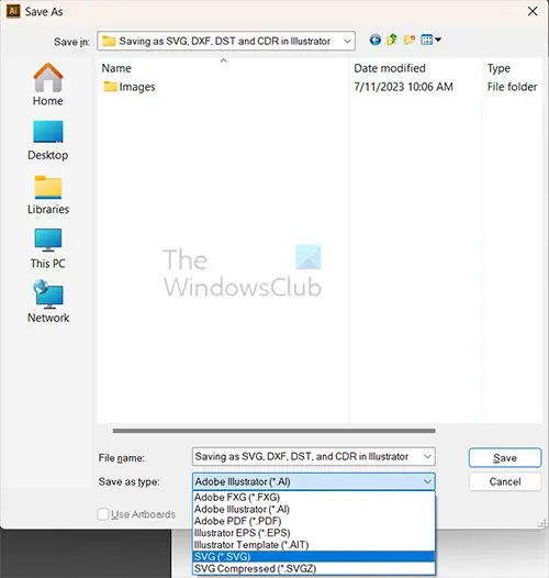 Saving as SVG, DXF, DST, and CDR in Illustrator - Save as dialogue window - Save as type