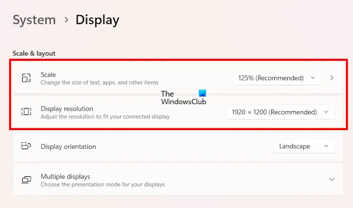 Set Scale and Display resolution to Recommended