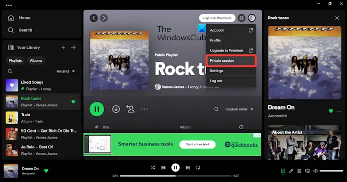 Spotify private session Windows