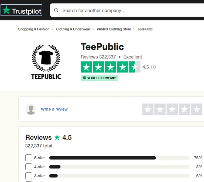 TeePublic ratings on Trustpilot