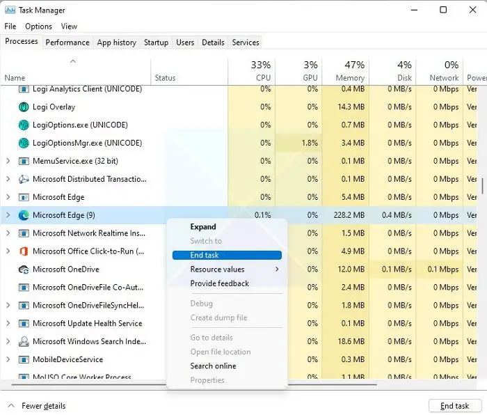 Terminate Microsoft Edge Background Task Manager