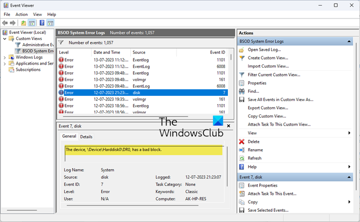 The device, \Device\Harddisk0\DR0, has a bad block, Event ID 7