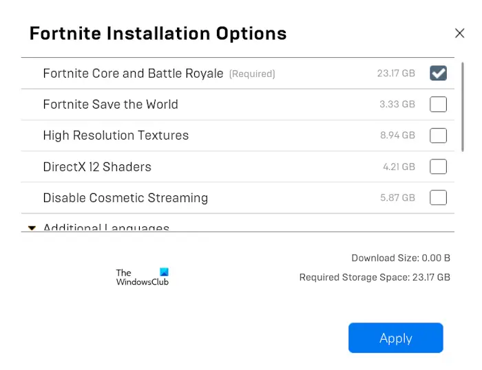 Tweak Fortnite Installation Settings
