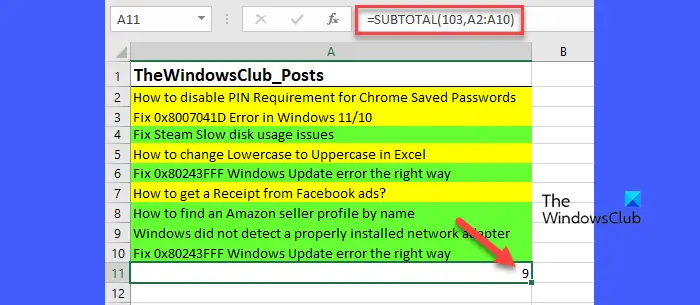 Using the SUBTOTAL function