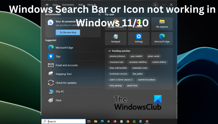 Windows Search Bar or Icon not working in Windows 1110