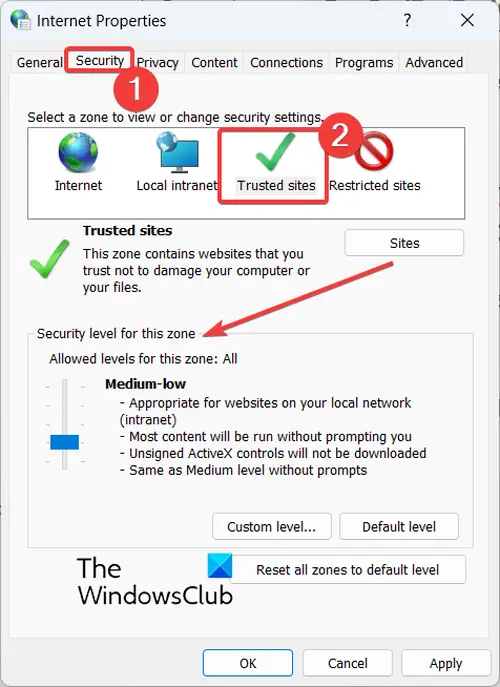 Change Security Level For Trusted Sites