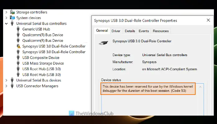 code 53 device reserved kernel debugger