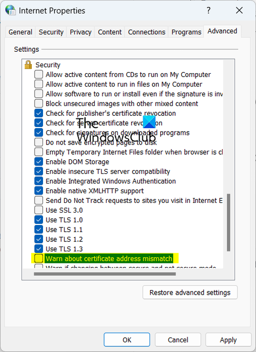 Disable Certificate Address Mismatch Warning