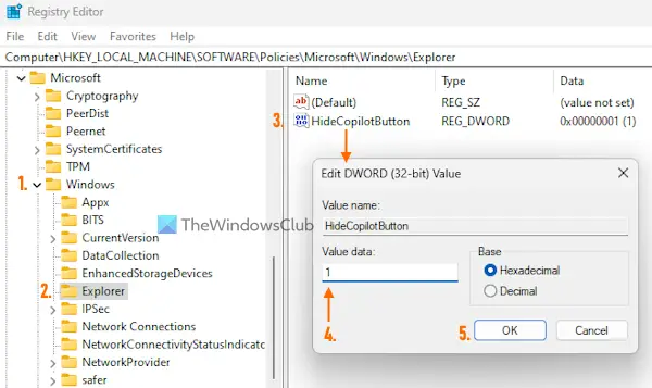 enable or disable copilot button from taskbar using registry