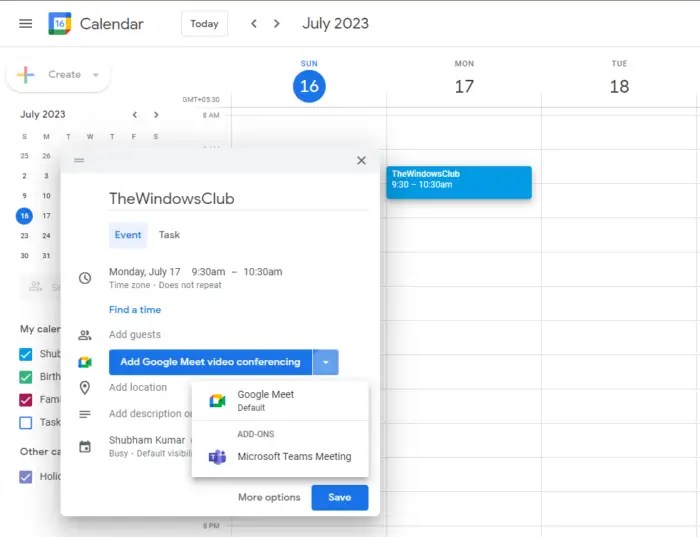 set up teams meeting in Google Calender