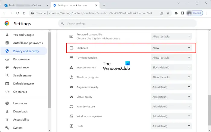 Allow Clipboard for Outlook Chrome