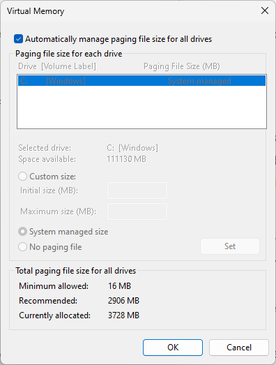 Allow Windows to manage Virtual Memory automatically