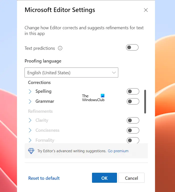 Change Microsoft Editor Settings Outlook