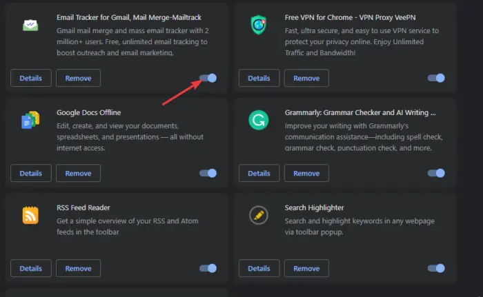 Disabilita estensioni Le schede di Chrome non mostrano nomi o testo