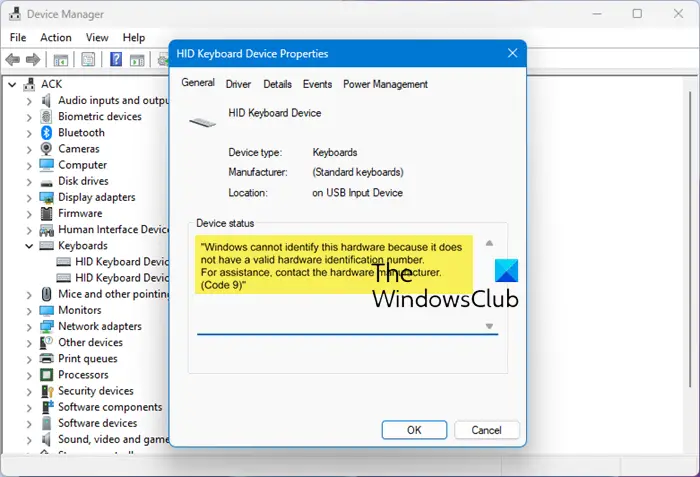 Device Manager error code Code 9, Windows cannot identify this hardware