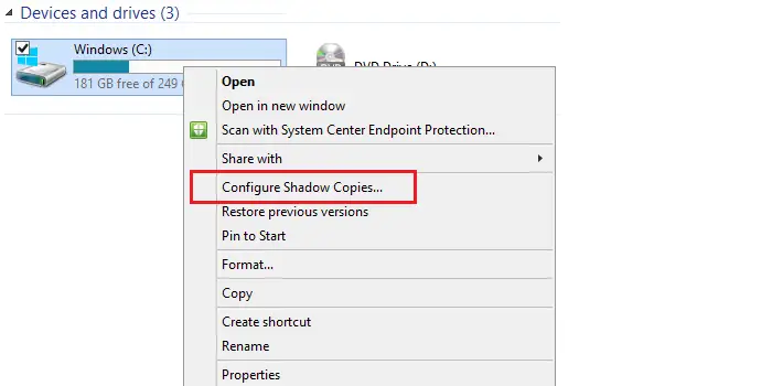 Configure Shadow Copies for Drive