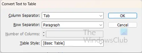 Convert text to table window
