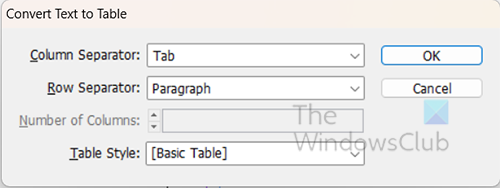 Convert text to table window