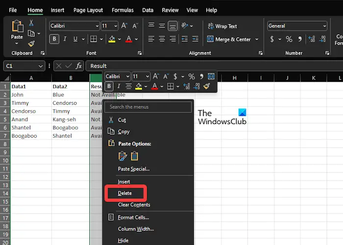 Delete Column Data Excel