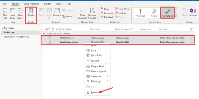 How do I delete completed tasks in Outlook 365?