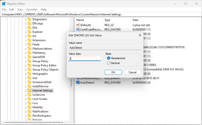 Disable Automatically Detect Proxy Settings using Registry Editor