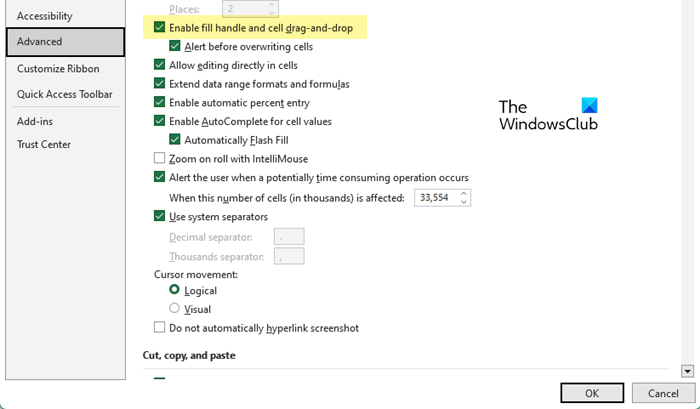 Enable fill handle and cell drag-and-drop