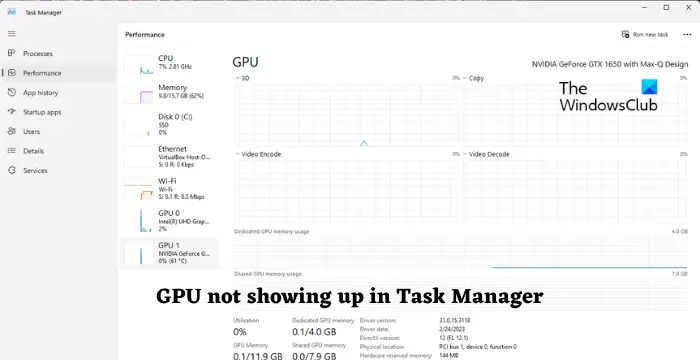 GPU not showing up in Task Manager