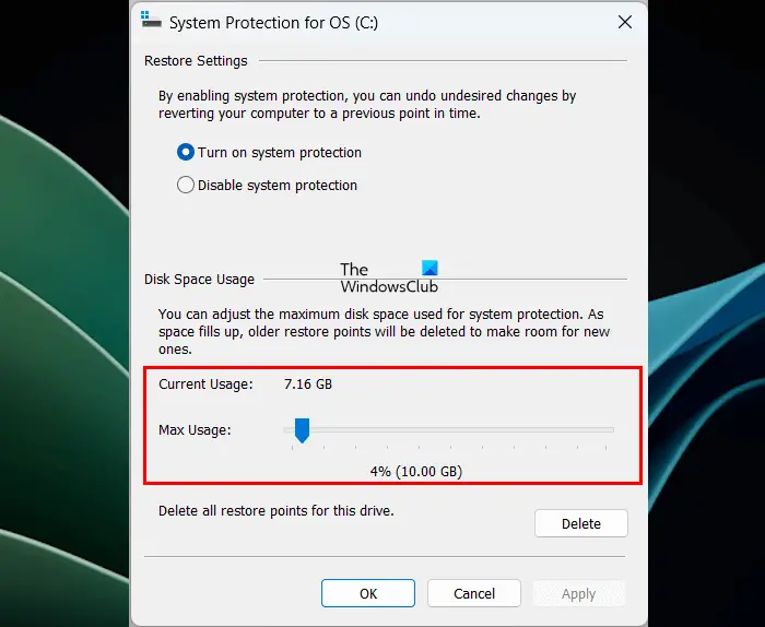 Increase space for System Restore