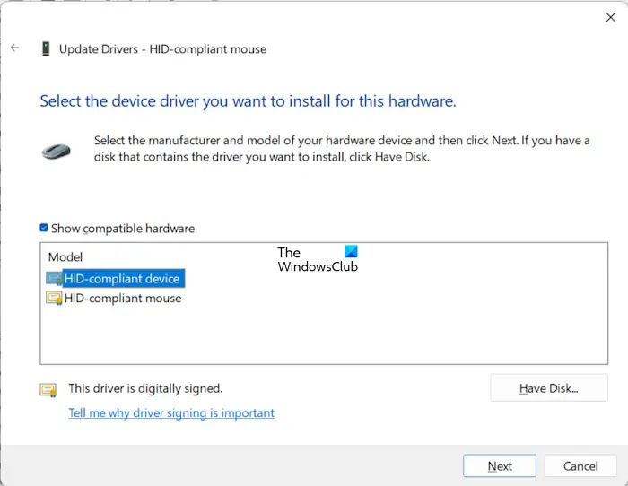 Install another compatible mouse driver