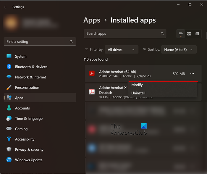 Installed apps window - Modify