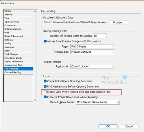 Link word and InDesign - select create link