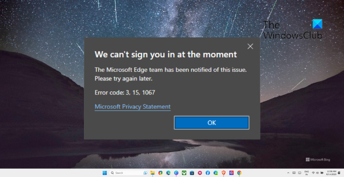 Microsoft Edge Error Code 3, 15, 1067
