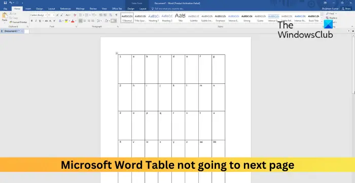 Microsoft Word Table not going to next page