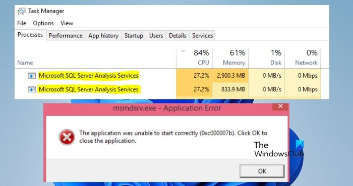 Msmdsrv.exe high CPU and Memory usage or Application error 