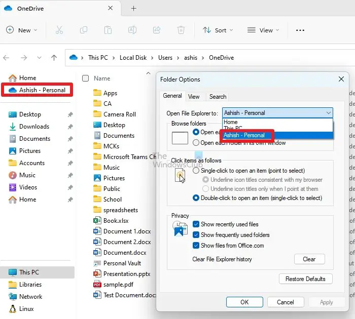 OneDrive File Explorer Default Location