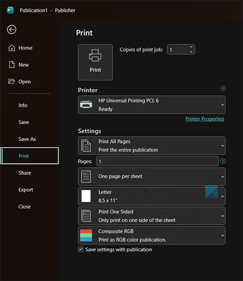 Printer and Publisher - Print settings