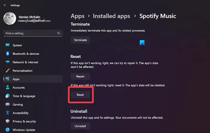 Reset Spotify Windows