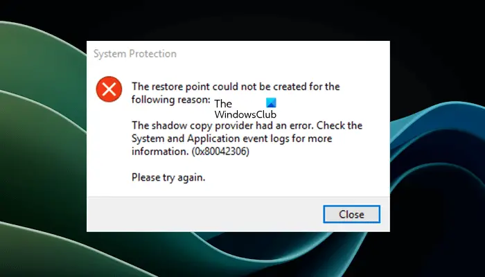 The restore point could not be created for the following reason