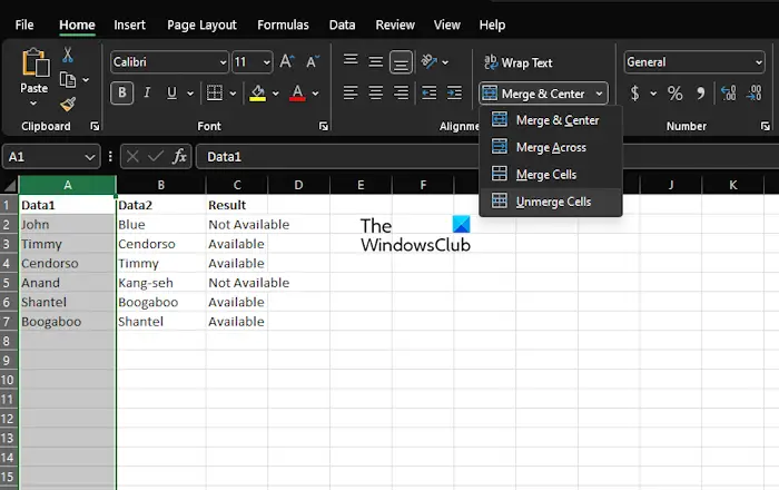 Unmerged Cells Excel