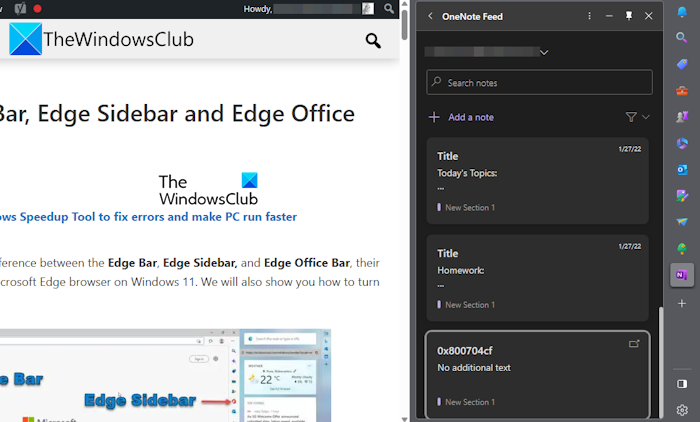 Using OneNote Feed Edge sidebar