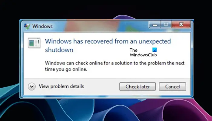 Windows recovered from unexpected shutdown